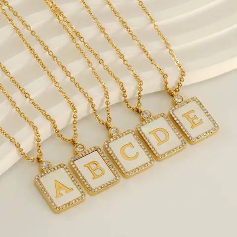 Collar De Letra Inicial Cuadrado Acero Inoxidable Chapado En Oro 18K Incrustación Nácar Circonita Colgante Mujer
