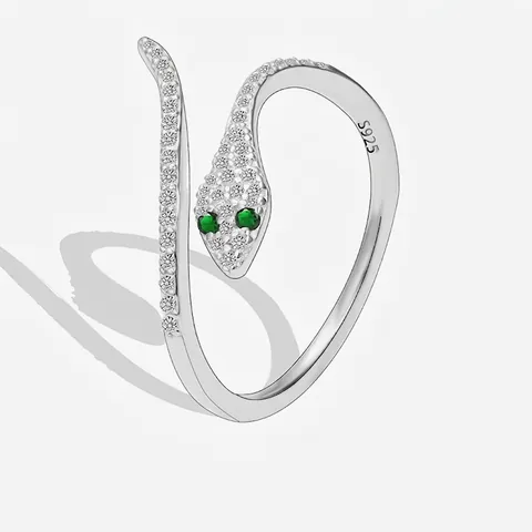 925 Sterling Silver Snake Ring White Cubic Zirconia Green Gemstone Eyes Adjustable Open Finger Jewelry For Women