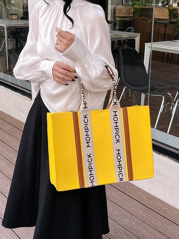 Große Damen Filztasche Mode Kontrastfarbe Buchstabenband Leicht Schultertasche Handtasche Lässig