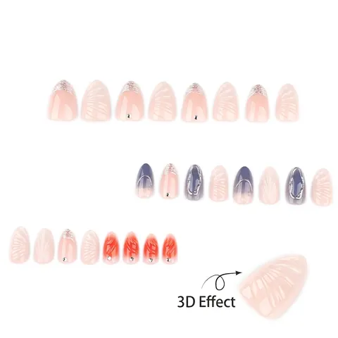 Short Almond Press On Nails 3D Shell Texture Gradient Blue Orange Marble Silver Metallic Line Rhinestone Resin Manicure For Women