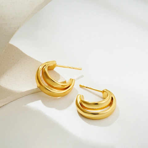 Stainless Steel Double Layer C-Shaped Hoop Earrings Minimalist Two Tone Metal Geometric Earrings Fashion Jewelry Gift