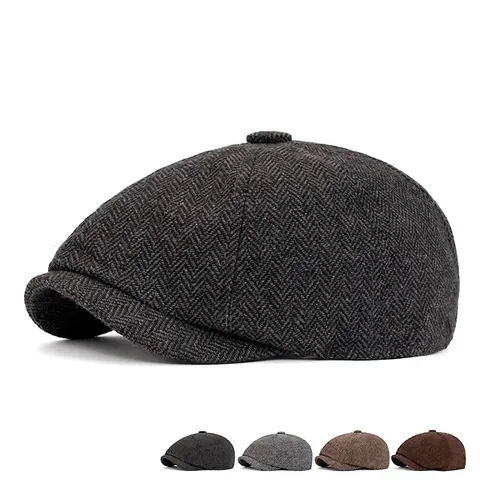 Men's Retro Newsboy Cap Wool Blend Polyester Tweed Adjustable Octagonal Hat Herringbone Woven Ivy Flat Cap Casual Accessory