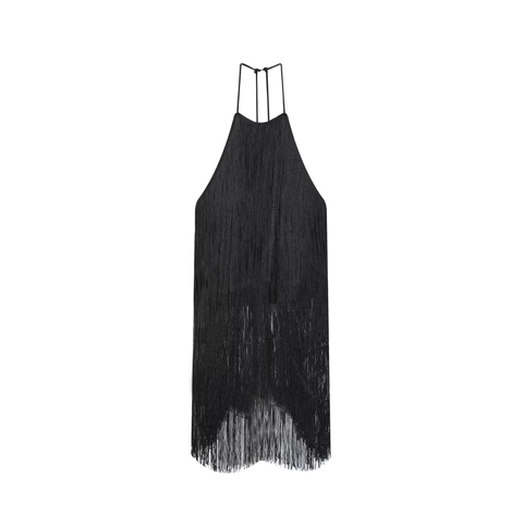 Sexy Halter Neck Tassel Mini Dress Women Sleeveless Backless Fringe Party Evening Clubwear Solid Black Polyester