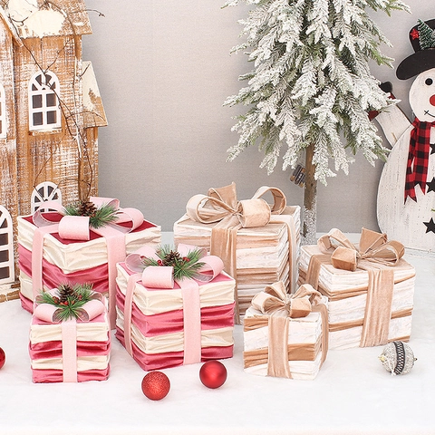 Weihnachtsdekoration Geschenkboxen Samtstoff Mit Schleifenband Und Kiefernzapfen Feiertagsparty Schreibtisch Boden Ornamente
