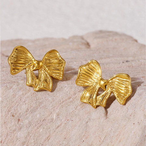 Pendientes de Botón con Lazo de Acero Inoxidable Elegantes para Mujer Chapados en Oro Diseño Minimalista Joyas de Moda