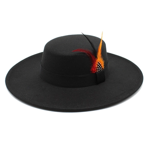 Vintage Flat Top Fedora Hat Wide Brim Cotton Polyester Felt With Colorful Feather Decoration Western Style For Unisex