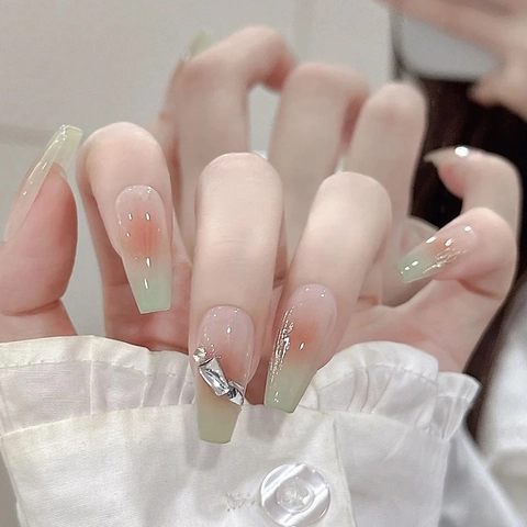 Handmade Press On Nails Long Coffin Gradient Green Pink With Rhinestone Decor French Style Blush Artificial False Nails