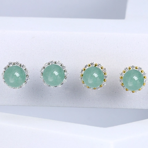 Round Aventurine Stud Earrings With 925 Sterling Silver Earring Post And Cubic Zirconia Halo Retro Jewelry For Women