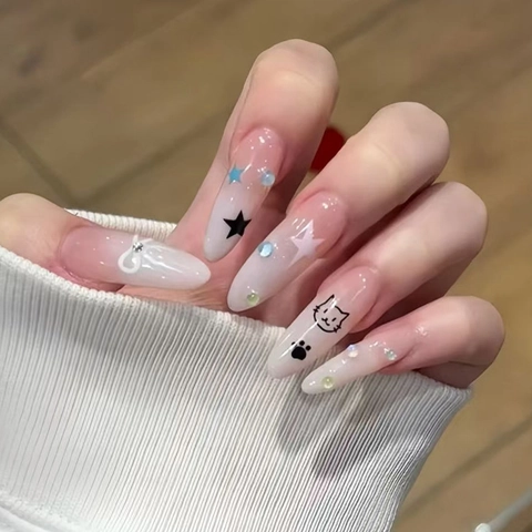 Handmade Long Almond Pink Gradient Press On Nails With Cat Bow Star Rhinestone Design Sweet Cute Wearable False Nails For Women