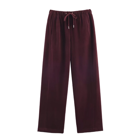 Pantalones De Pierna Ancha De Cintura Alta Para Mujer Tejido De Poliéster Cintura Elástica Con Cordón Casual