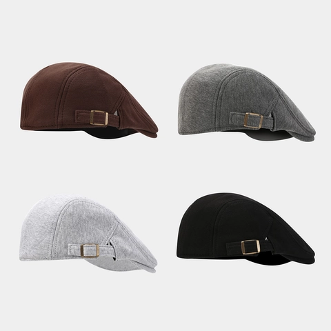 Vintage Flat Cap Cotton Adjustable Side Buckle Solid Color Retro Ivy Newsboy Hat For Men Casual British Classic Style