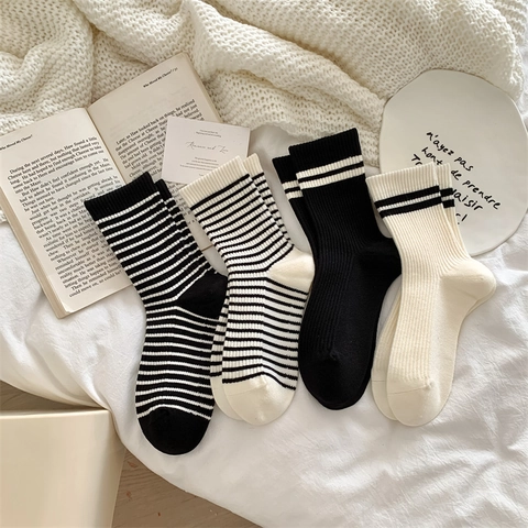 Women Crew Socks Striped Pattern Ribbed Knit Warm Winter Acrylic Blend Japanese Style Mid Calf Soft Comfortable Casual