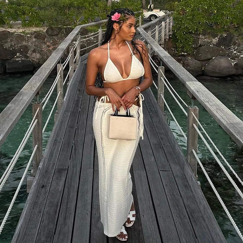 Sexy Damen Häkel Bikini Oberteil Und Maxirock Mit Ausschnitt Strick Strand Outfit