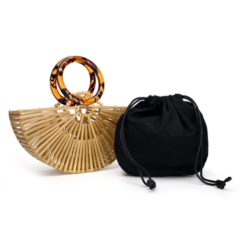 Bolso De Mano De Bambú Tejido Asa Redonda Acrílico Calado Semicírculo Retro Verano Playa Vacaciones Para Mujeres