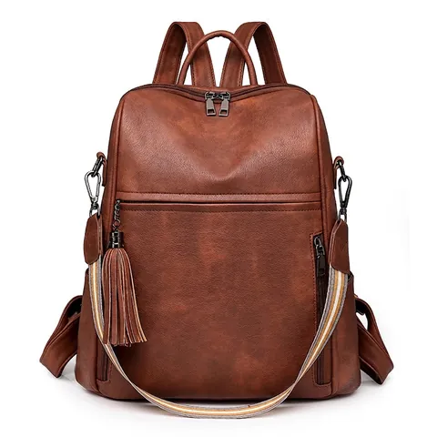 Vintage PU Leather Backpack For Women Large Capacity Multi Functional Shoulder Bag With Tassel And Rainbow Striped Strap