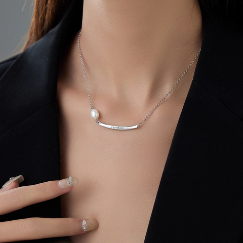 Minimalist Freshwater Pearl Necklace For Women With Freedom Engraved Curved Bar Copper White Gold Plated Elegant Jewelry
