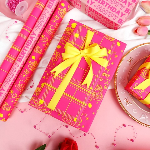 Happy Birthday Gift Wrapping Paper Roll Fluorescent Pink Yellow For Anniversary Celebration Party Decorative Packaging Novelty