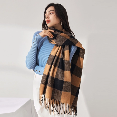 Sciarpa A Quadri Donna Finto Cashmere Caldo Inverno Scialle Spina Di Pesce Nappa Avvolgente Retrò