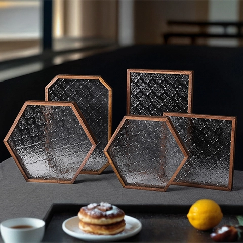 Vintage Massivholz Begonien Muster Geprägtes Glas Dekorative Schreibtisch Organizer Halter Nordic Stil Heim Platte