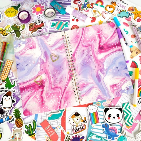 DIY Journal Scrapbook Stationery With Spiral Notebook Stickers Washi Tape Multi Color Pen Glue Stick For Kids Girls Purple