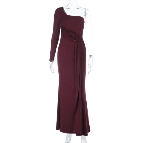 Einschultrige Langarm Abendkleid Maxi Rückenfrei Eng Polyester Elasthan Elegant Party Kleid Für Damen