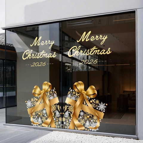 Christmas Window Sticker Static Cling PVC Golden Gift Box Snowflake Star Merry Christmas 2026 Festive Glass Decal Removable