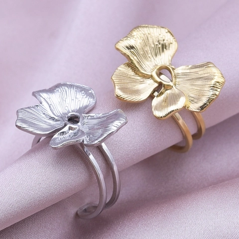 Floral Butterfly Leaf Adjustable Ring 304 Stainless Steel Brushed Texture Double Band Minimalist Vintage Jewelry Women