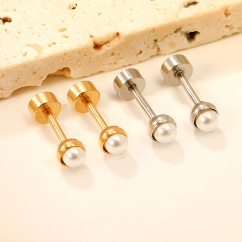 Minimalist Artificial Pearl Stud Earrings Stainless Steel 18K Gold Plated Screw Back Twist Anti-Allergic Fashion Jewelry For Women