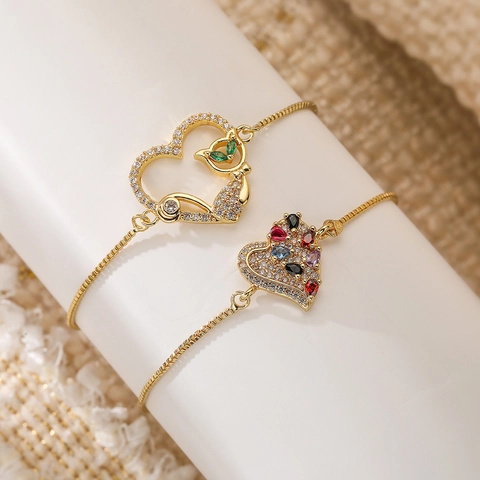 Heart Cat Adjustable Bracelet Copper Zircon Multicolored Gemstone Box Chain Fashion Jewelry For Women