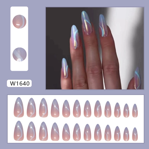 Uñas Postizas Press On Aurora Iridescent Forma Almendra Larga Degradado Azul Violeta Patrón Ondas Accesorio Manicura