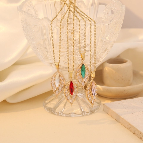 Collana Con Pendente A Foglia Acciaio Inossidabile Marquise Vetro Zircone Gioielli Floreali Eleganti Per Donne