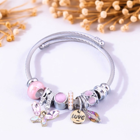 Bracciale Rigido In Filo Acciaio Inossidabile Con Ciondolo Farfalla Cristallo E Perline Colorate Gioielli Moda