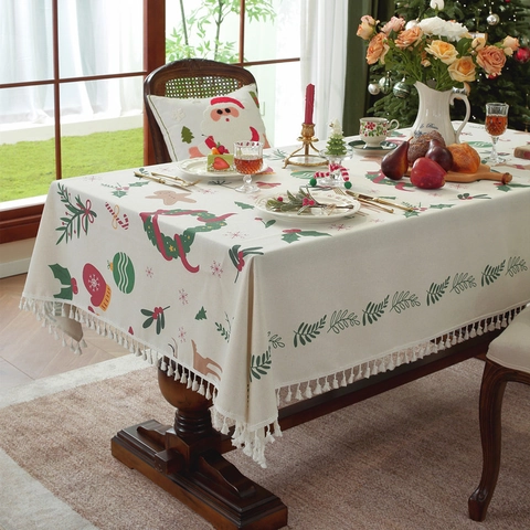 Tovaglia Di Natale Rettangolare Poli Cotone Stampata Con Nappine Decorazione Da Pranzo Festiva Lavabile