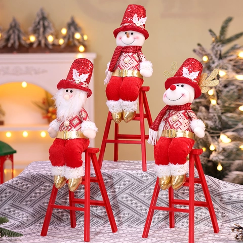 Christmas Plush Figurine Ornaments Sitting On Red Ladder Sequin Knit Cloth Santa Snowman Reindeer Home Indoor Decor