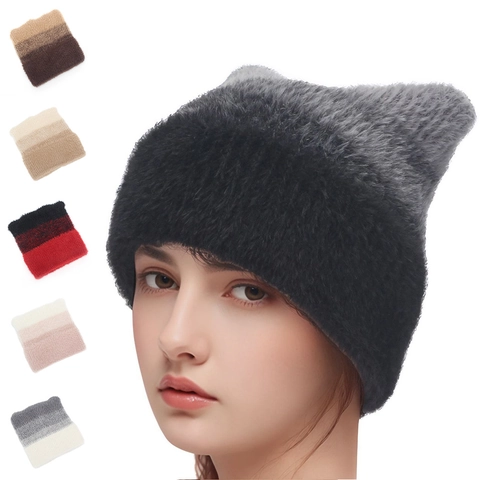 Berretto Con Orecchie Di Gatto Donna Peluche Maglia Acrilica Inverno Caldo Gradiente Colore Contrasto Moda Casual