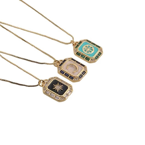 Collar Con Colgante Celestial Vintage Patrón Luna Estrella Sol Esmalte Incrustaciones Circón Cobre Chapado Oro