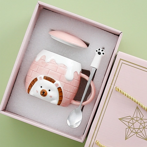 Ceramic Mug With Lid And Spoon 3D Relief Hedgehog Cartoon Coffee Cup For Home Office Cute Gift Box