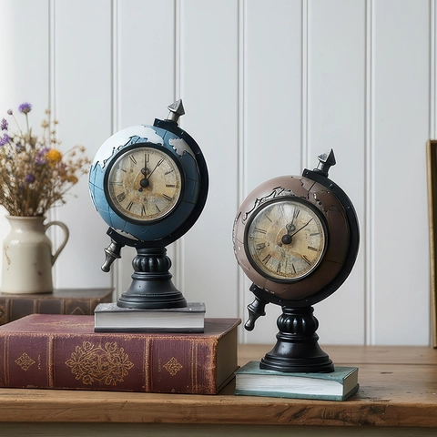 Reloj De Escritorio Globo Terráqueo Resina Mapa Antiguo Decoración De Mesa Para Oficina Hogar Esfera Números Romanos