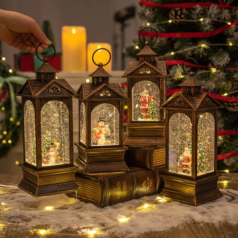 Christmas Snow Globe Lantern Music Box Retro LED Light Swirling Glitter Santa Claus Snowman Tabletop Ornament Festive Gift