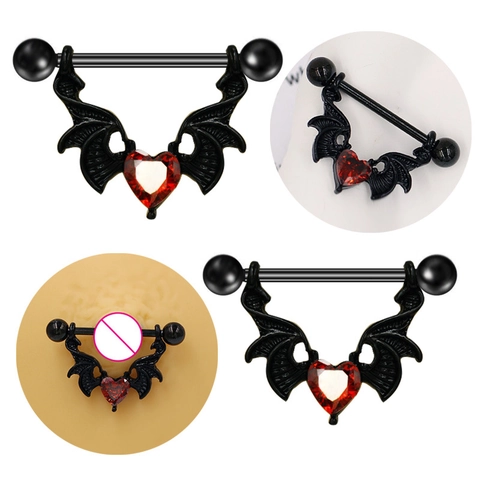 Gothic Bat Wings Heart Rhinestone Nipple Rings Black Zinc Alloy Nipple Piercing Jewelry Halloween Decoration For Women Men