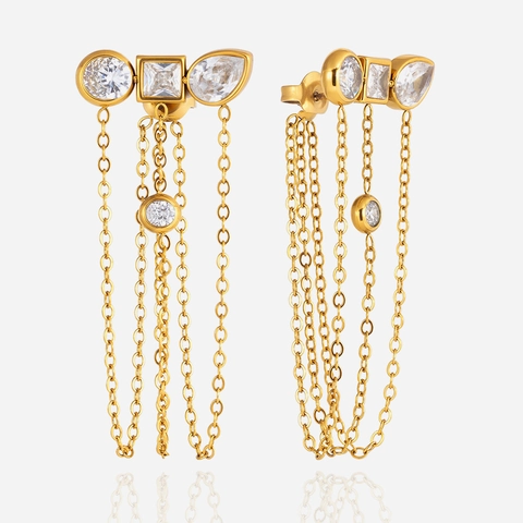 Stainless Steel Tassel Earrings For Women Geometric Rhinestone Inlay Gold Plated Long Chain Drop Earrings Elegant Fashion Jewelry