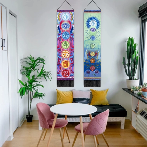 Vertical Wall Hanging Tapestry With Wood Pole And Tassels Polyester Cotton Chakra Zen Mandala Abstract Art Scroll