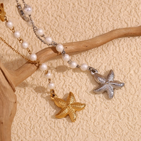 Collar Con Colgante Asimétrico De Estrella De Mar Y Perlas Artificiales De Acero Inoxidable Chapado En Oro De 18K Joyería Marina Para Mujer