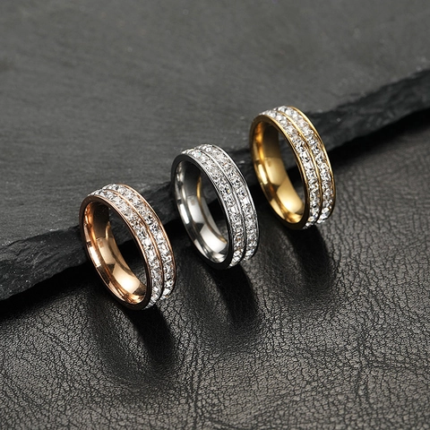 Eternity Ring Stainless Steel Square Zirconia Single Double Row Wedding Band Couple Jewelry For Women Men