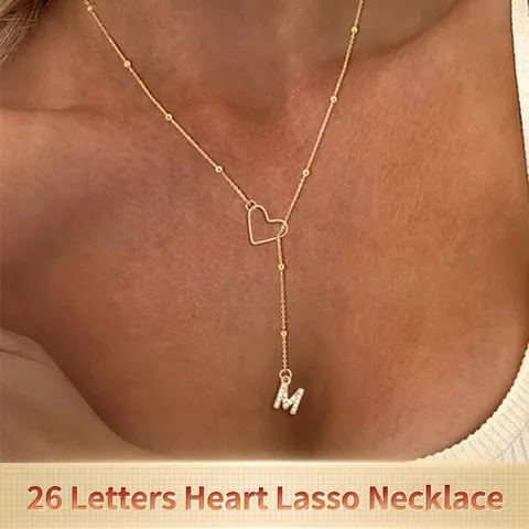 Alphabet Initial Necklace Copper Rhinestone Hollow Heart Y-Shape Clavicle Bead Chain For Women Elegant Accessory