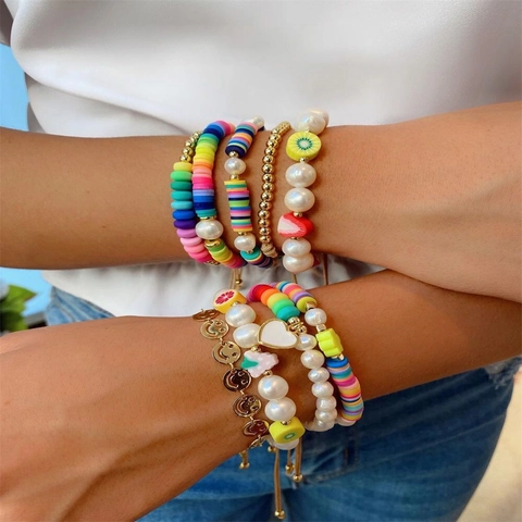 Handmade Rainbow Beaded Bracelet Freshwater Pearl Polymer Clay Fruit Charm Smiley Face Adjustable Wax Cord Bohemian Style