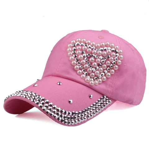 Baseball Cap Damen Baumwolle Denim Herz Künstliche Perle Strass Verstellbar Sonnenschutz Sommer Outdoor Mode Hut