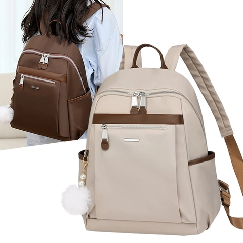Damen Mode Rucksack Wasserdichtes Nylon Freizeit Reise Schultasche Mit Plüschball Anhänger Mehrere Taschen