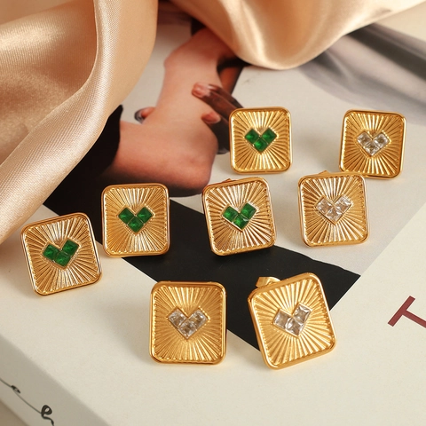 Korean Style Titanium Steel Square Heart Stud Earrings Vintage Minimalism Gold Plated Rhinestone Earrings For Women Jewelry