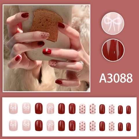 Wine Red Press On Nails Süße Nude Pink Weiße Schleife Polka Dot Kurze Quadratische Runde Künstliche Nägel Koreanischer Stil